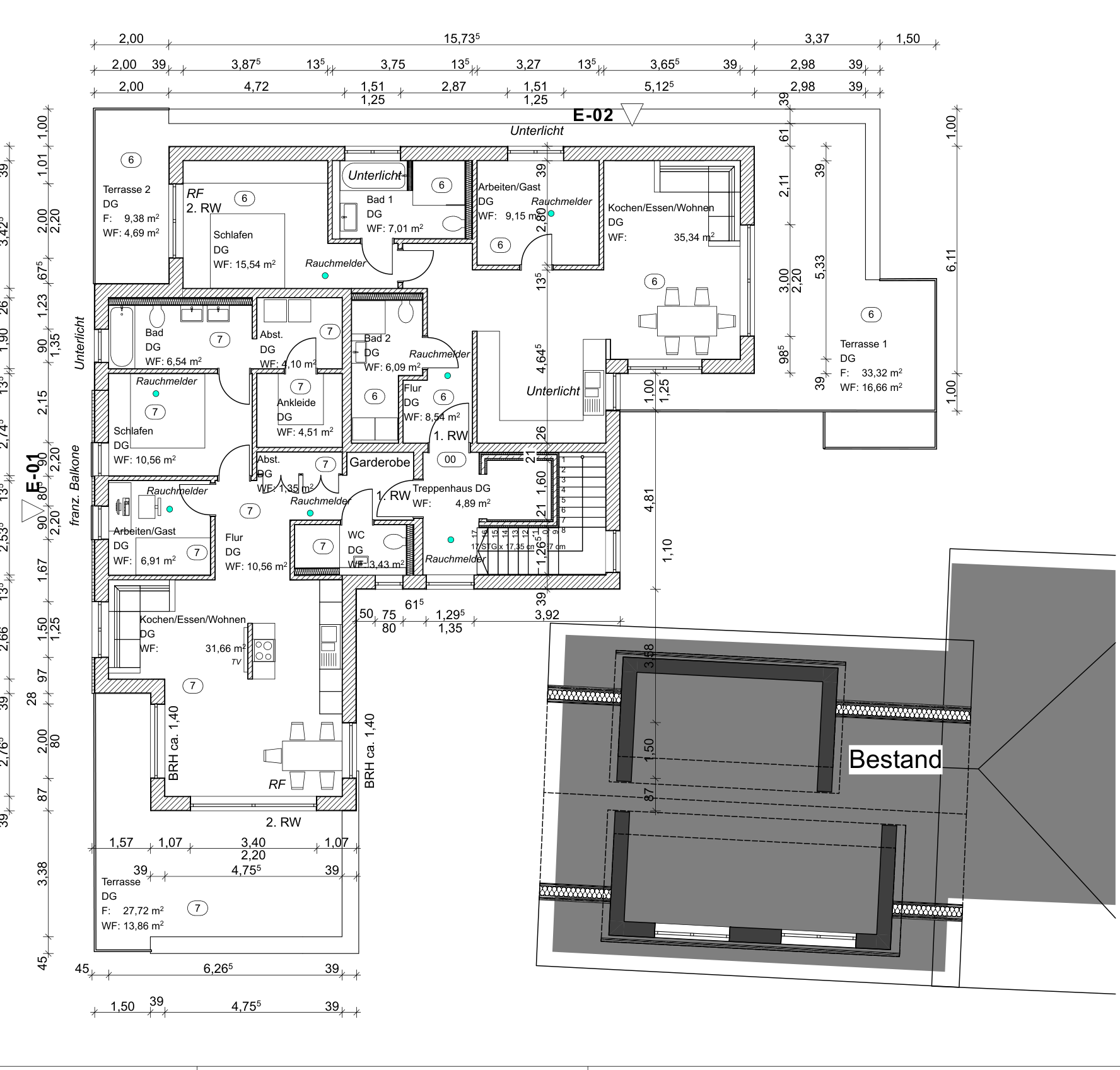 Geschossplan Dachgeschoss mit den Wohnungen 6 und 7 und Dachterrassen